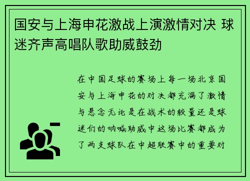 国安与上海申花激战上演激情对决 球迷齐声高唱队歌助威鼓劲